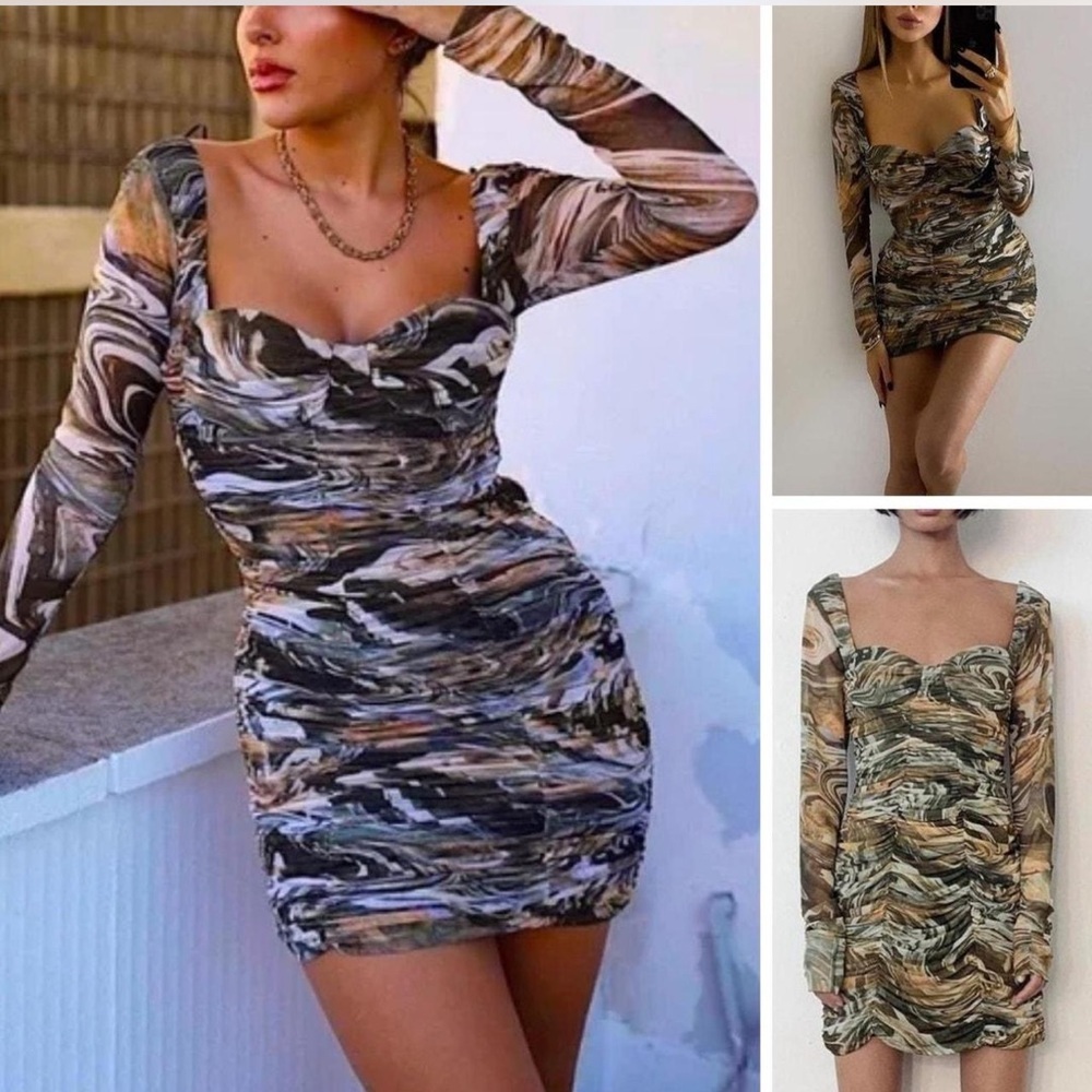 Zara | NWOT Marbled Ruched Draped Tulle Mini Sheath Dress Size Small